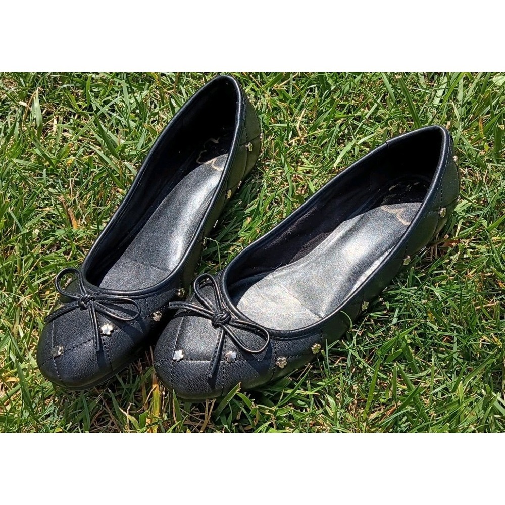Ted Baker London Leather Quilted Ballet Flats Black Floral Stud Bow EU 38 US 7.5